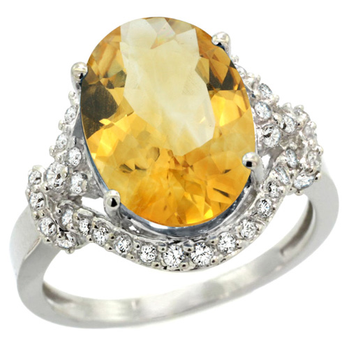 14k White Gold Natural Citrine Ring Diamond Halo Oval 14x10mm, 3/4 inch wide, sizes 5 - 10 