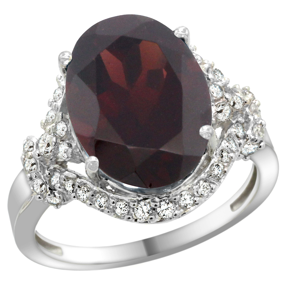 14k White Gold Natural Garnet Ring Diamond Halo Oval 14x10mm, 3/4 inch wide, sizes 5 - 10 