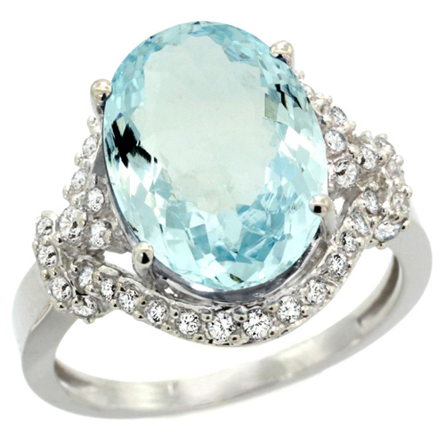 14k White Gold Natural Aquamarine Ring Diamond Halo Oval 14x10mm, 3/4 inch wide, sizes 5 - 10 
