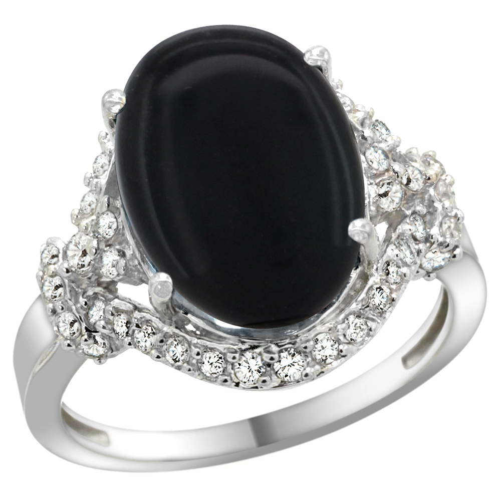 14K WHITE GOLD NATURAL BLACK ONYX RING DIAMOND HALO OVAL 14X10MM, 3/4 INCH WIDE, SIZES 5 - 10