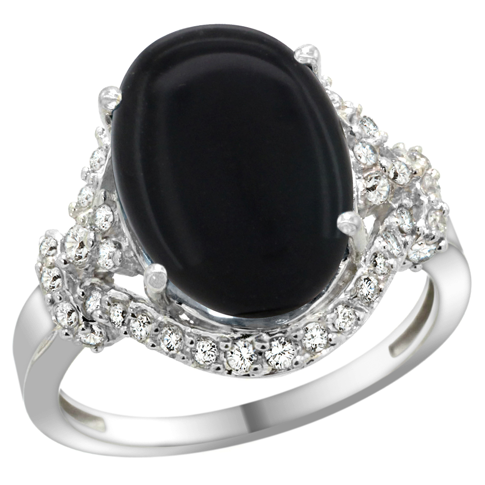 14k White Gold Natural Black Onyx Ring Diamond Halo Oval 14x10mm, 3/4 inch wide, sizes 5 - 10 