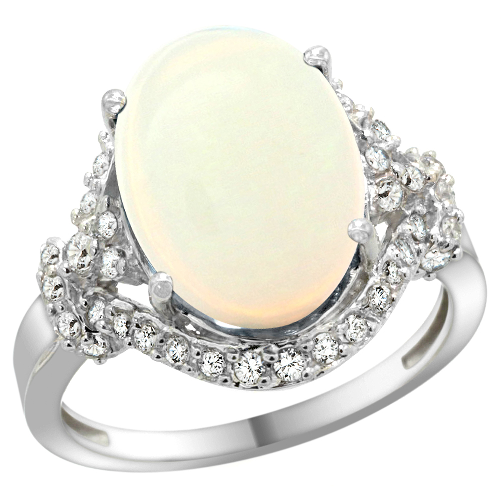 14k White Gold Natural Opal Ring Diamond Halo Oval 14x10mm, 3/4 inch wide, sizes 5 - 10 