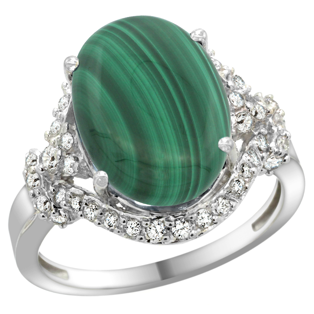 14K WHITE GOLD NATURAL MALACHITE RING DIAMOND HALO OVAL 14X10MM, 3/4 INCH WIDE, SIZES 5 - 10