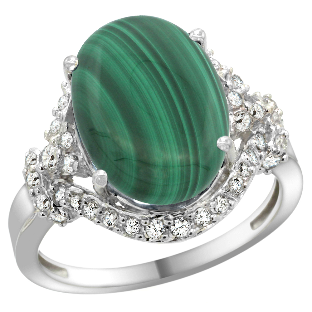14k White Gold Natural Malachite Ring Diamond Halo Oval 14x10mm, 3/4 inch wide, sizes 5 - 10 