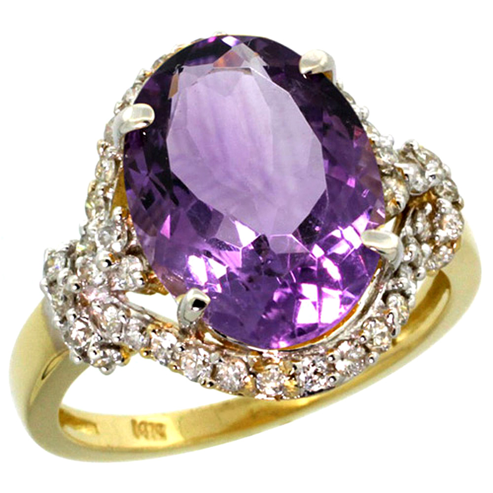 14K YELLOW GOLD NATURAL AMETHYST RING DIAMOND HALO OVAL 14X10MM, 3/4 INCH WIDE, SIZES 5 - 10