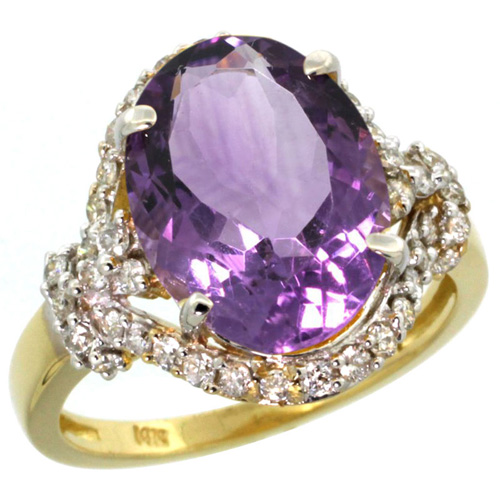 14k Yellow Gold Natural Amethyst Ring Diamond Halo Oval 14x10mm, 3/4 inch wide, sizes 5 - 10 