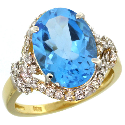 14k Yellow Gold Natural Swiss Blue Topaz Ring Diamond Halo Oval 14x10mm, 3/4 inch wide, sizes 5 - 10 