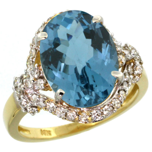 14k Yellow Gold Natural London Blue Topaz Ring Diamond Halo Oval 14x10mm, 3/4 inch wide, sizes 5 - 10 