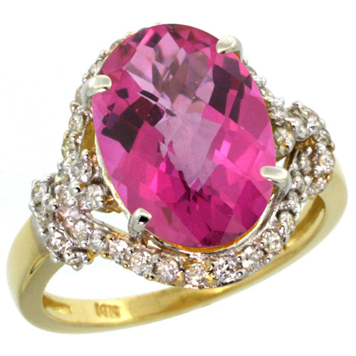 14k Yellow Gold Natural Pink Topaz Ring Diamond Halo Oval 14x10mm, 3/4 inch wide, sizes 5 - 10 