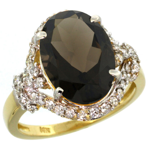 14k Yellow Gold Natural Smoky Topaz Ring Diamond Halo Oval 14x10mm, 3/4 inch wide, sizes 5 - 10 