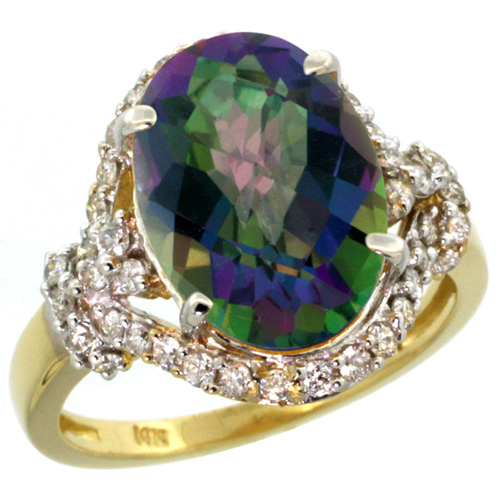 14k Yellow Gold Natural Mystic Topaz Ring Diamond Halo Oval 14x10mm, 3/4 inch wide, sizes 5 - 10 
