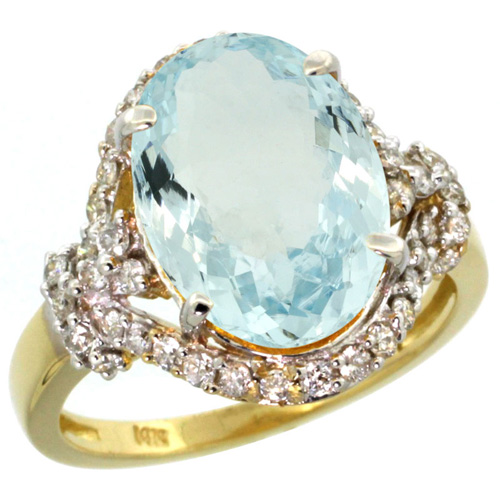 14k Yellow Gold Natural Aquamarine Ring Diamond Halo Oval 14x10mm, 3/4 inch wide, sizes 5 - 10 