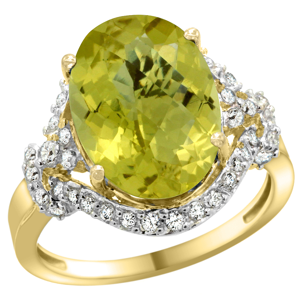 14k Yellow Gold Natural Lemon Quartz Ring Diamond Halo Oval 14x10mm, 3/4 inch wide, sizes 5 - 10 