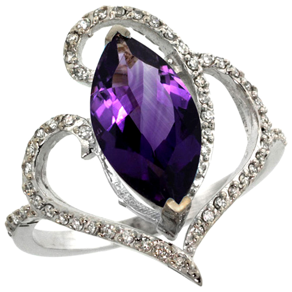 14K WHITE GOLD STONE AMETHYST RING MARQUISE 14X7MM DIAMOND ACCENTS, SIZES 5 - 10