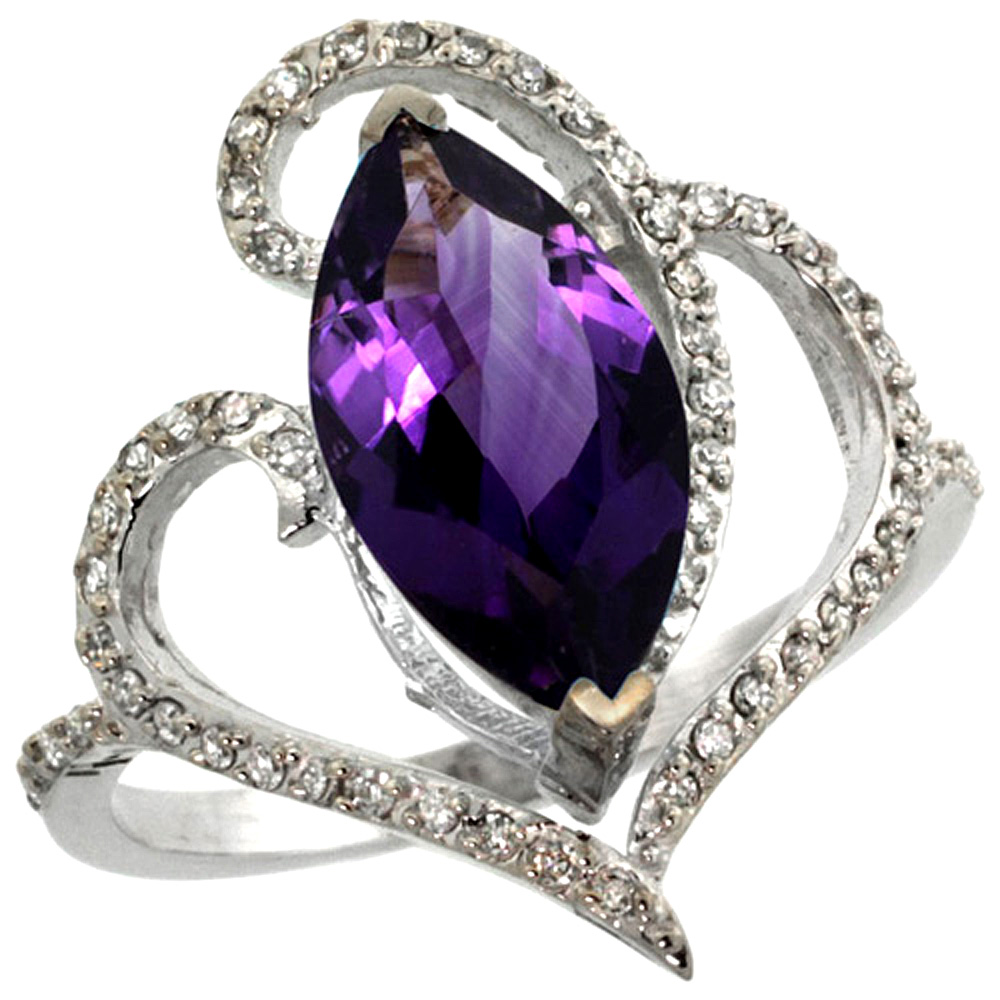 14k White Gold Stone Amethyst Ring Marquise 14x7mm Diamond Accents, sizes 5 - 10