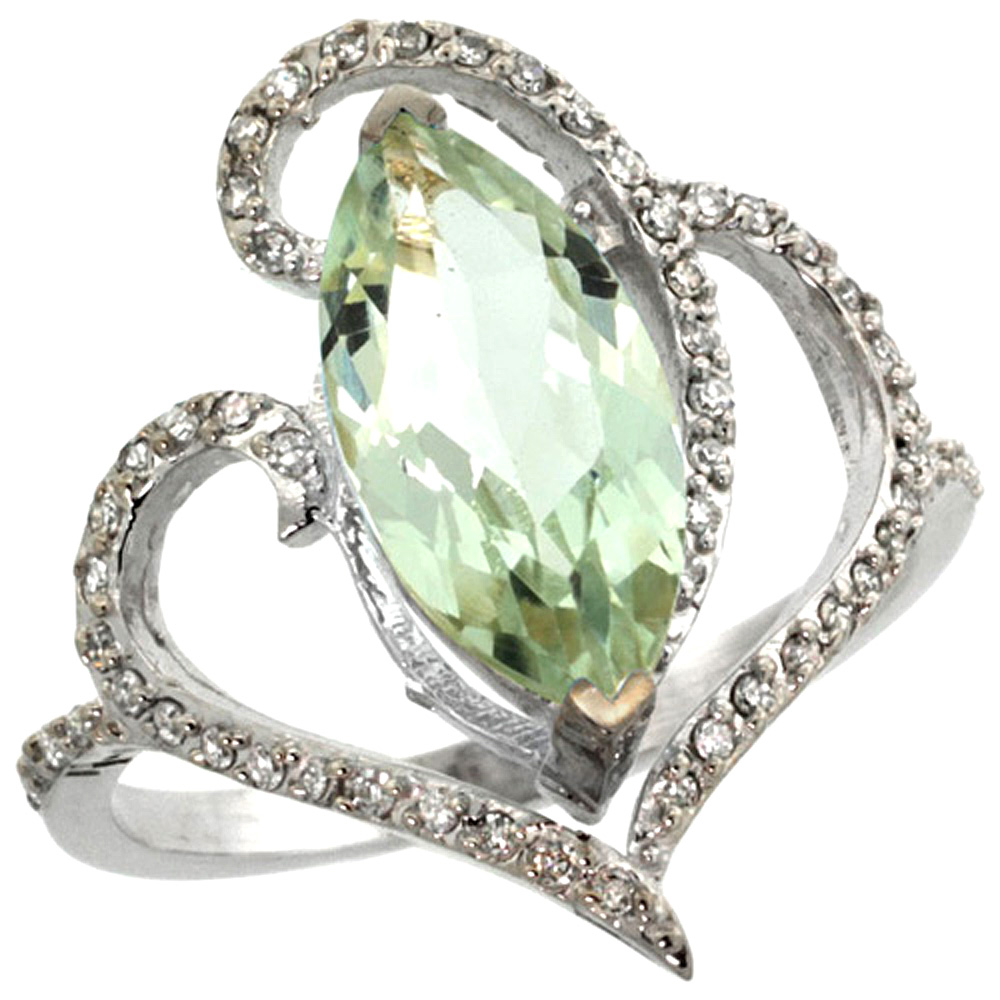 14K WHITE GOLD STONE GREEN AMETHYST RING MARQUISE 14X7MM DIAMOND ACCENTS, SIZES 5 - 10