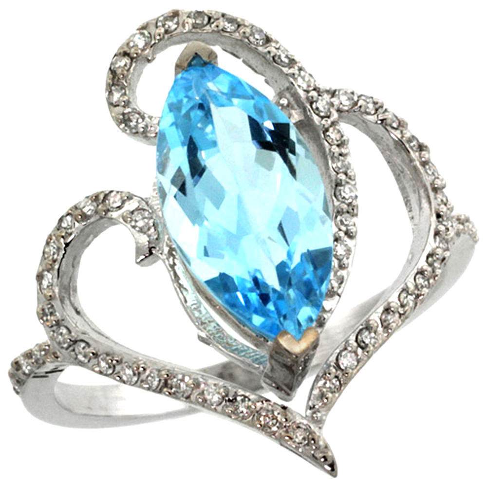 14k White Gold Stone Swiss Blue Topaz Ring Marquise 14x7mm Diamond Accents, sizes 5 - 10