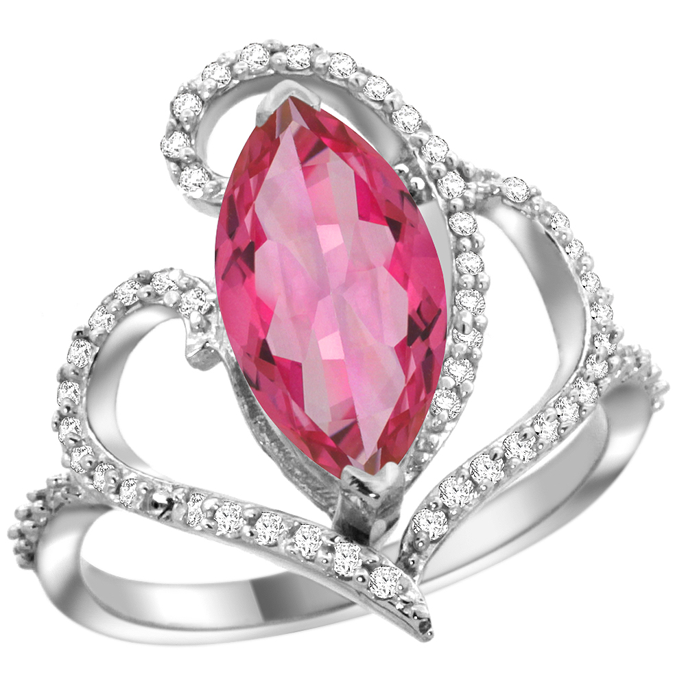 14K WHITE GOLD STONE PINK TOPAZ RING MARQUISE 14X7MM DIAMOND ACCENTS, SIZES 5 - 10