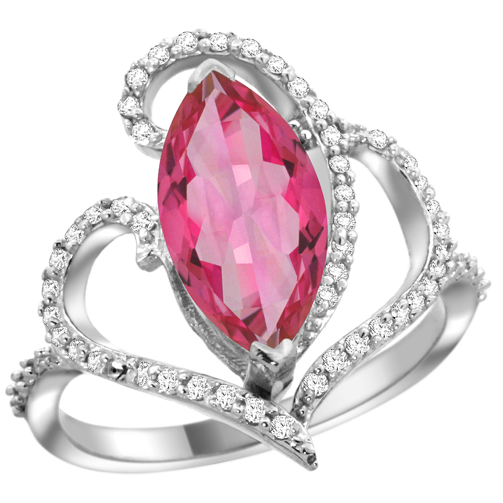 14k White Gold Stone Pink Topaz Ring Marquise 14x7mm Diamond Accents, sizes 5 - 10