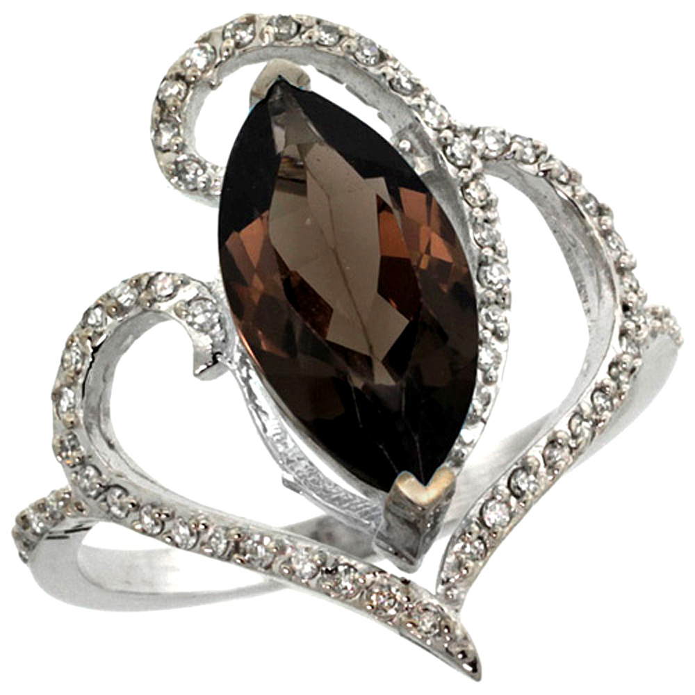 14k White Gold Stone Smoky Topaz Ring Marquise 14x7mm Diamond Accents, sizes 5 - 10
