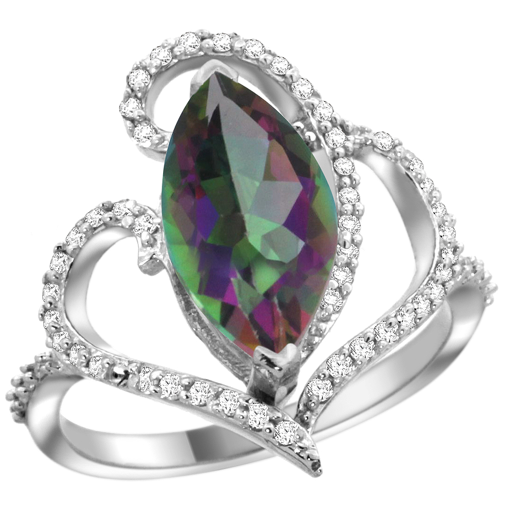 14K WHITE GOLD STONE MYSTIC TOPAZ RING MARQUISE 14X7MM DIAMOND ACCENTS, SIZES 5 - 10