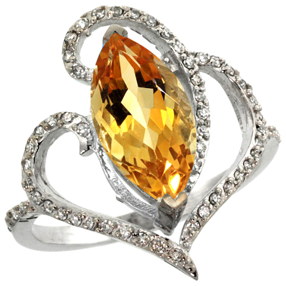 14K WHITE GOLD STONE CITRINE RING MARQUISE 14X7MM DIAMOND ACCENTS, SIZES 5 - 10