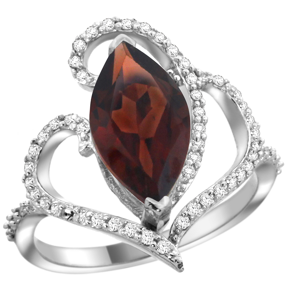 14K WHITE GOLD STONE GARNET RING MARQUISE 14X7MM DIAMOND ACCENTS, SIZES 5 - 10