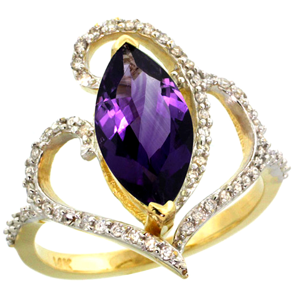 14k Yellow Gold Stone Amethyst Ring Marquise 14x7mm Diamond Accents, sizes 5 - 10
