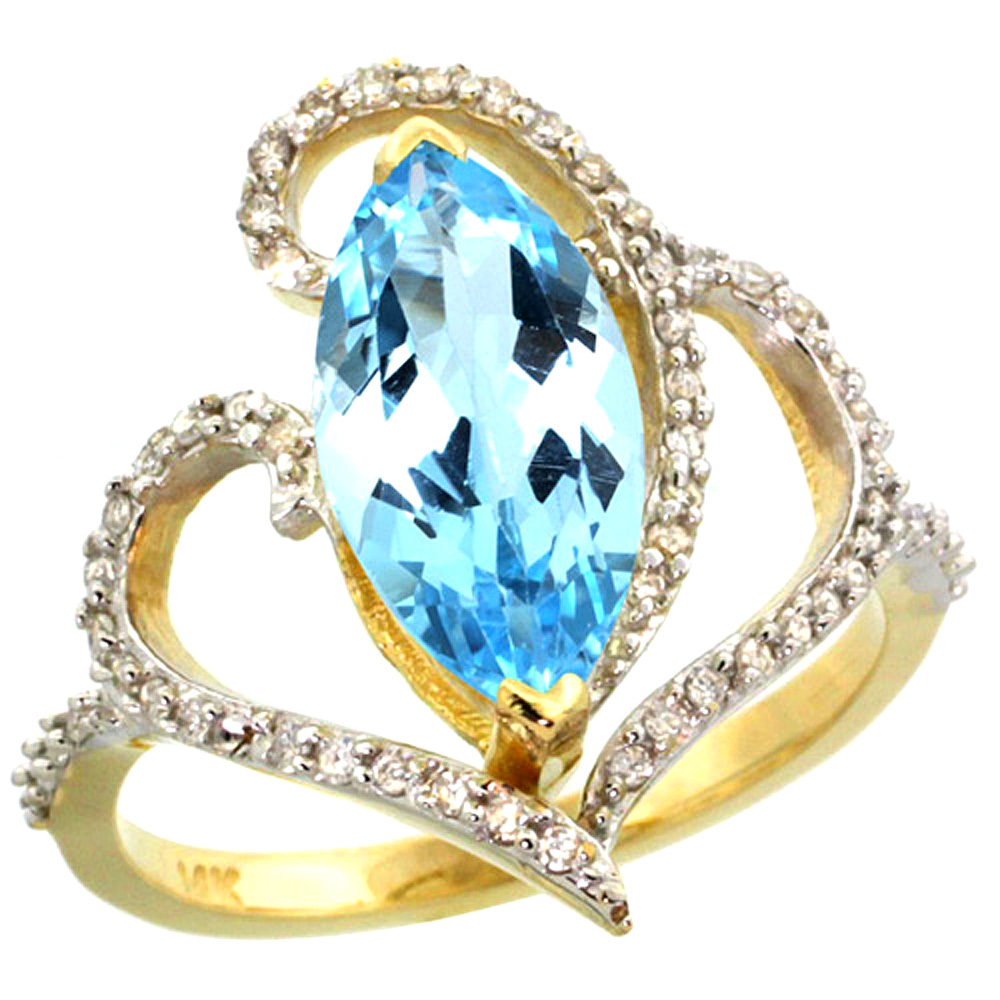 14K YELLOW GOLD STONE SWISS BLUE TOPAZ RING MARQUISE 14X7MM DIAMOND ACCENTS, SIZES 5 - 10
