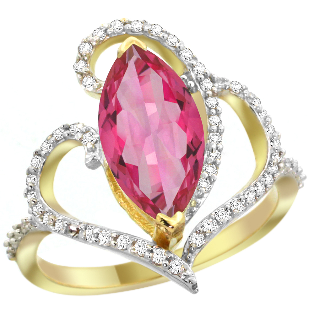 14K YELLOW GOLD STONE PINK TOPAZ RING MARQUISE 14X7MM DIAMOND ACCENTS, SIZES 5 - 10