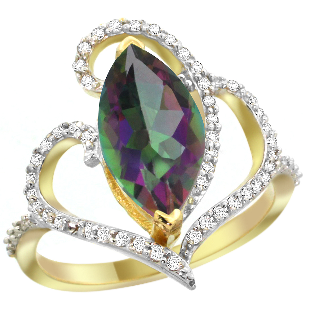 14K YELLOW GOLD STONE MYSTIC TOPAZ RING MARQUISE 14X7MM DIAMOND ACCENTS, SIZES 5 - 10