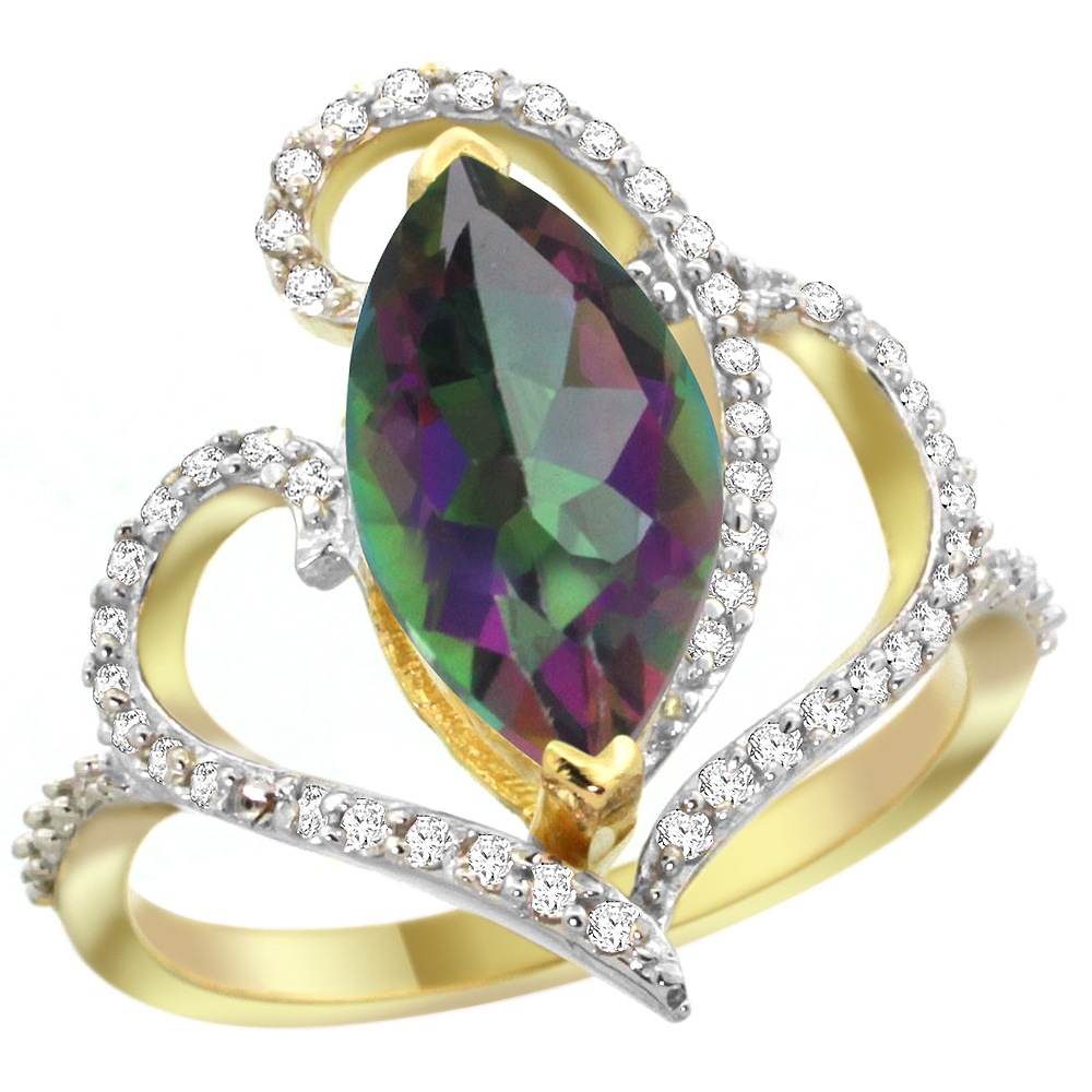 14k Yellow Gold Stone Mystic Topaz Ring Marquise 14x7mm Diamond Accents, sizes 5 - 10