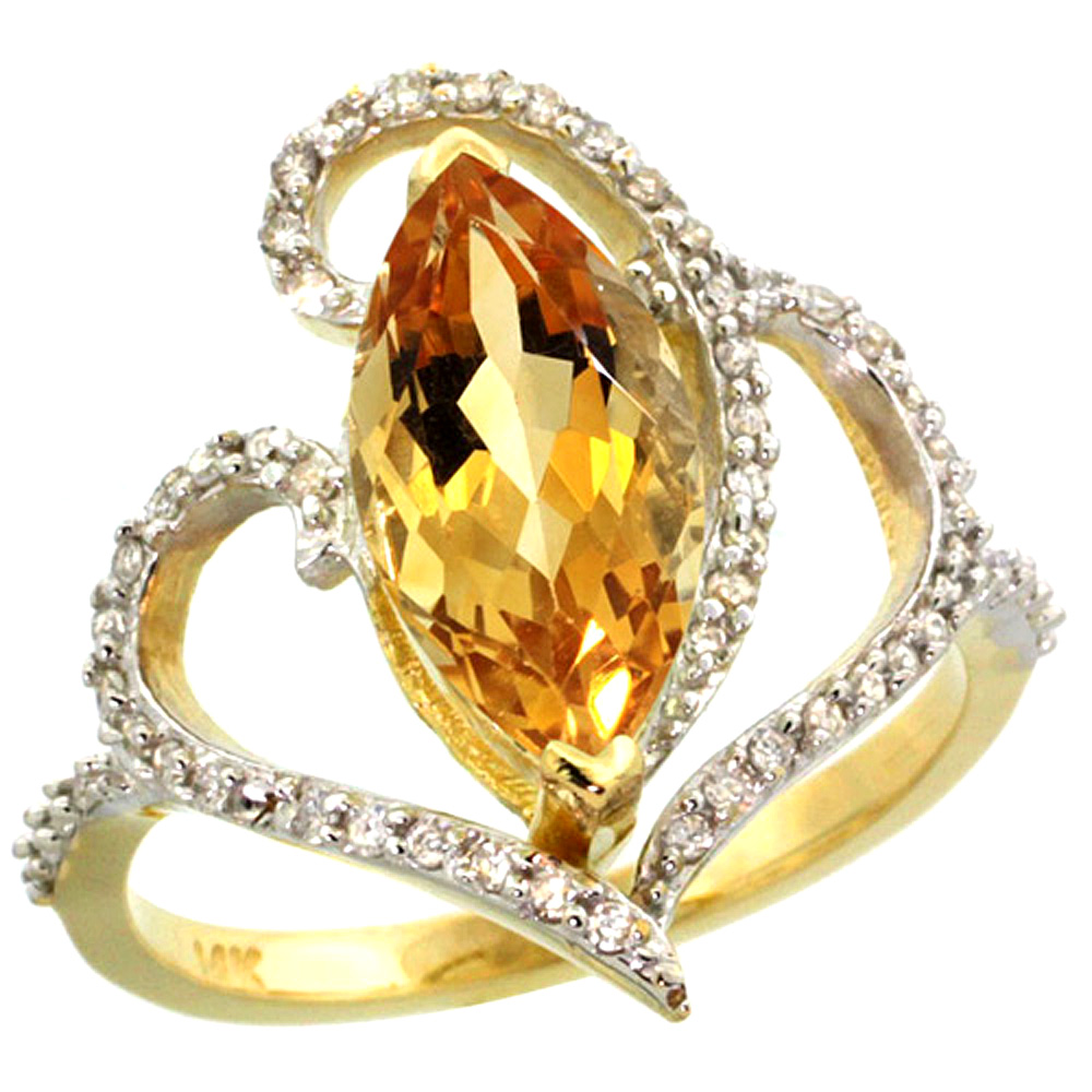 14k Yellow Gold Stone Citrine Ring Marquise 14x7mm Diamond Accents, sizes 5 - 10