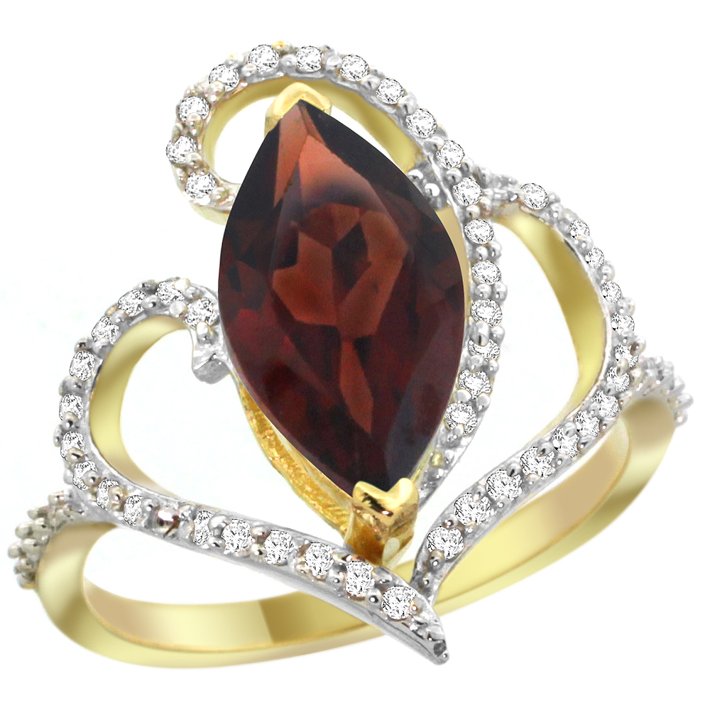 14K YELLOW GOLD STONE GARNET RING MARQUISE 14X7MM DIAMOND ACCENTS, SIZES 5 - 10