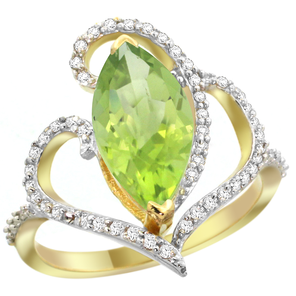 14K YELLOW GOLD STONE PERIDOT RING MARQUISE 14X7MM DIAMOND ACCENTS, SIZES 5 - 10