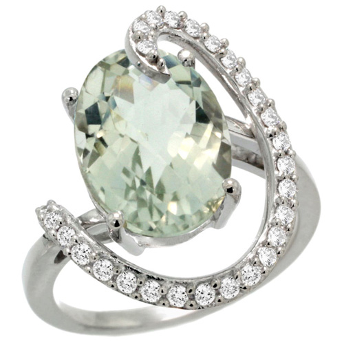 14k White Gold Natural Green Amethyst Ring Oval 14x10 Diamond Accent, 3/4inch wide, sizes 5 - 10 