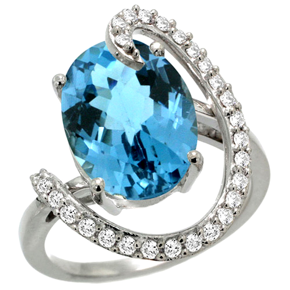 14K WHITE GOLD NATURAL LONDON BLUE TOPAZ RING OVAL 14X10 DIAMOND ACCENT, 3/4INCH WIDE, SIZES 5 - 10