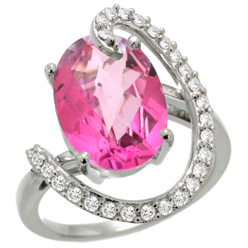 14k White Gold Natural Pink Topaz Ring Oval 14x10 Diamond Accent, 3/4inch wide, sizes 5 - 10 