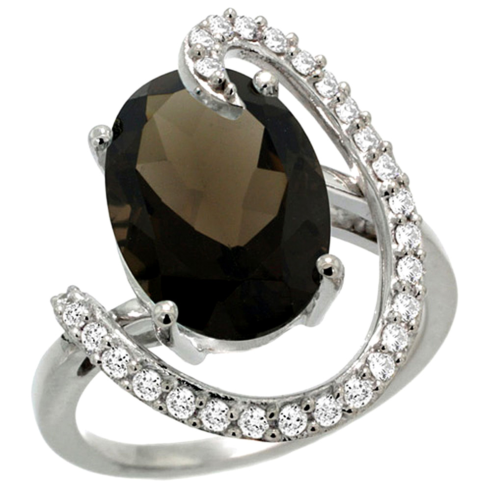 14K WHITE GOLD NATURAL SMOKY TOPAZ RING OVAL 14X10 DIAMOND ACCENT, 3/4INCH WIDE, SIZES 5 - 10