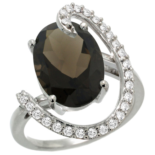 14k White Gold Natural Smoky Topaz Ring Oval 14x10 Diamond Accent, 3/4inch wide, sizes 5 - 10 