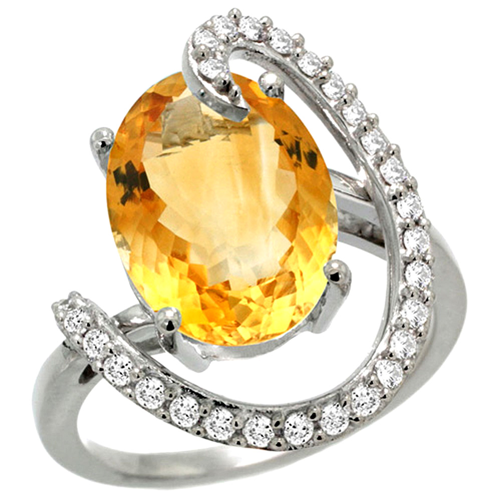 14K WHITE GOLD NATURAL CITRINE RING OVAL 14X10 DIAMOND ACCENT, 3/4INCH WIDE, SIZES 5 - 10