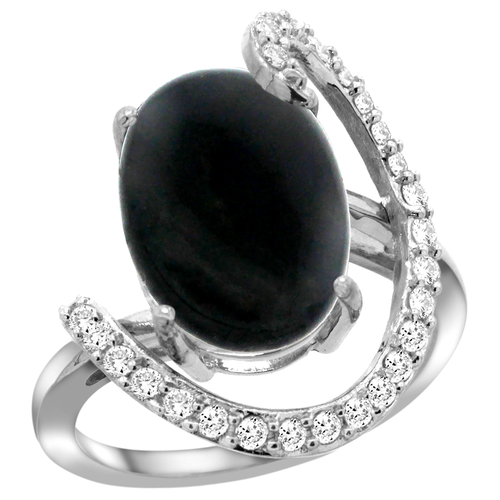 14k White Gold Natural Black Onyx Ring Oval 14x10 Diamond Accent, 3/4inch wide, sizes 5 - 10 