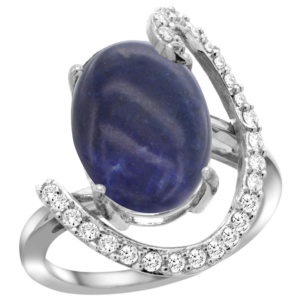 14k White Gold Natural Lapis Ring Oval 14x10 Diamond Accent, 3/4inch wide, sizes 5 - 10 