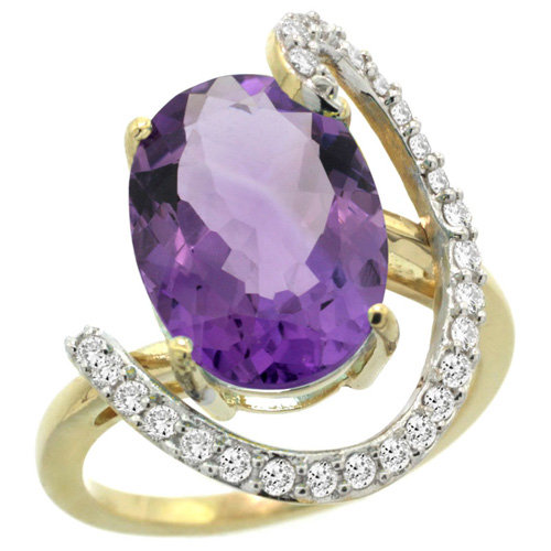 14k Yellow Gold Natural Amethyst Ring Oval 14x10 Diamond Accent, 3/4inch wide, sizes 5 - 10 