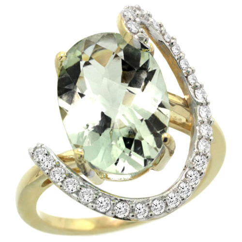14k Yellow Gold Natural Green Amethyst Ring Oval 14x10 Diamond Accent, 3/4inch wide, sizes 5 - 10 
