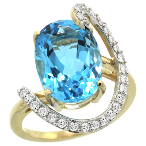 14k Yellow Gold Natural Swiss Blue Topaz Ring Oval 14x10 Diamond Accent, 3/4inch wide, sizes 5 - 10 