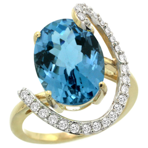 14k Yellow Gold Natural London Blue Topaz Ring Oval 14x10 Diamond Accent, 3/4inch wide, sizes 5 - 10 