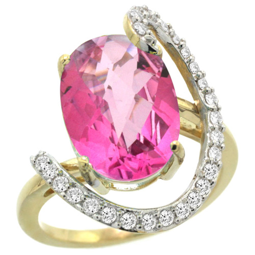 14k Yellow Gold Natural Pink Topaz Ring Oval 14x10 Diamond Accent, 3/4inch wide, sizes 5 - 10 