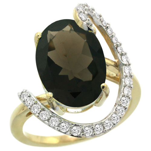 14k Yellow Gold Natural Smoky Topaz Ring Oval 14x10 Diamond Accent, 3/4inch wide, sizes 5 - 10 