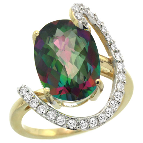 14k Yellow Gold Natural Mystic Topaz Ring Oval 14x10 Diamond Accent, 3/4inch wide, sizes 5 - 10 